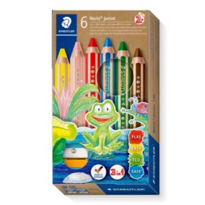 staedtler noris junior pack de 6 lapices de colores extragruesos + sacapuntas 3 en 1, lapiz, cera y acuarelable colores surtidos
