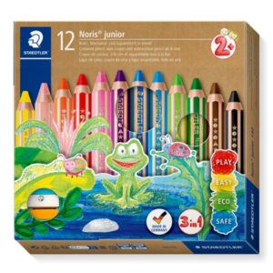 staedtler noris junior pack de 12 lapices de colores extragruesos + sacapuntas 3 en 1, lapiz, cera y acuarelable colores surtidos