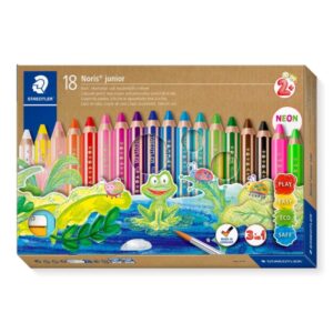 staedtler noris junior pack de 18 lapices de colores extragruesos + sacapuntas + pincel 3 en 1, lapiz, cera y acuarelable colores surtidos
