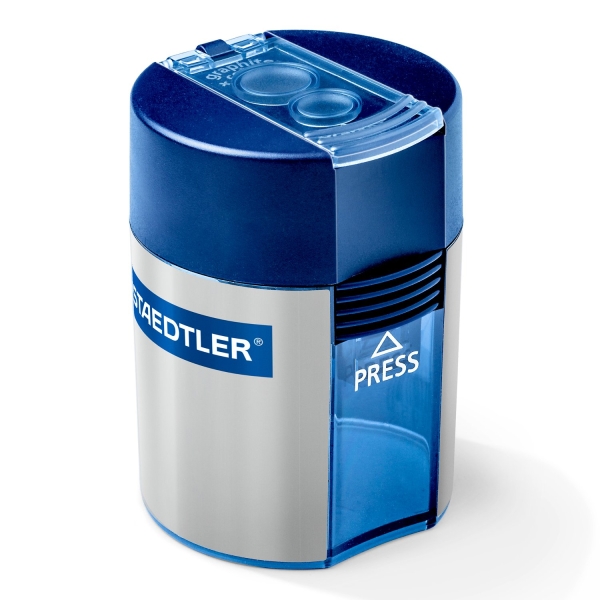 staedtler 512 sacapuntas de 2 orificios con deposito para lapices de 8.2mm y 10.2mm color azul