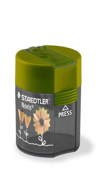 staedtler 512 f sacapuntas de 2 orificios con deposito para lapices de 8.2mm y 10.2mm color verde