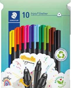 staedtler triplus fineliner 334 pack de 10 rotuladores de punta fina en envase de carton trazo de 0.3mm aprox diseño ergonomico tinta base de agua colores surtidos
