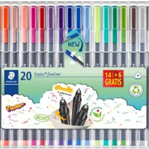staedtler triplus fineliner 334 pack de 20 rotuladores de punta fina trazo 0.3 mm aprox tinta base de agua 97% de plastico reciclado colores surtidos