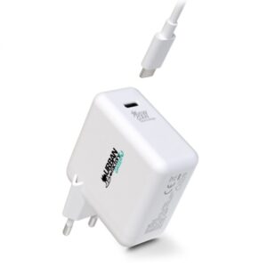 urban factory cyclee cargador de pared usb c gan de 65w diseño ecologico cable usb c/usb c de 2m color blanco