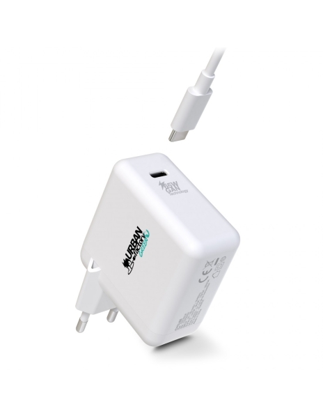 urban factory cyclee cargador de pared usb c gan de 65w diseño ecologico cable usb c/usb c de 2m color blanco
