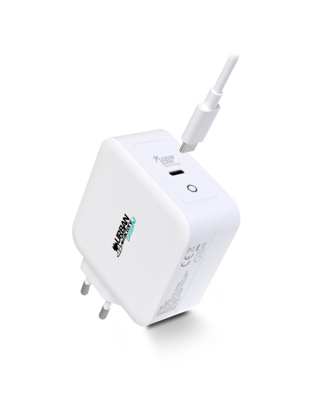 urban factory cyclee cargador de pared usb c gan de 100w diseño ecologico cable usb c/usb c de 2m color blanco