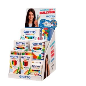giotto contra el bullyng expositor con 40 piezas de rotuladores, lapices de colores, acuarelas y plastilina en diferentes formatos colores surtidos