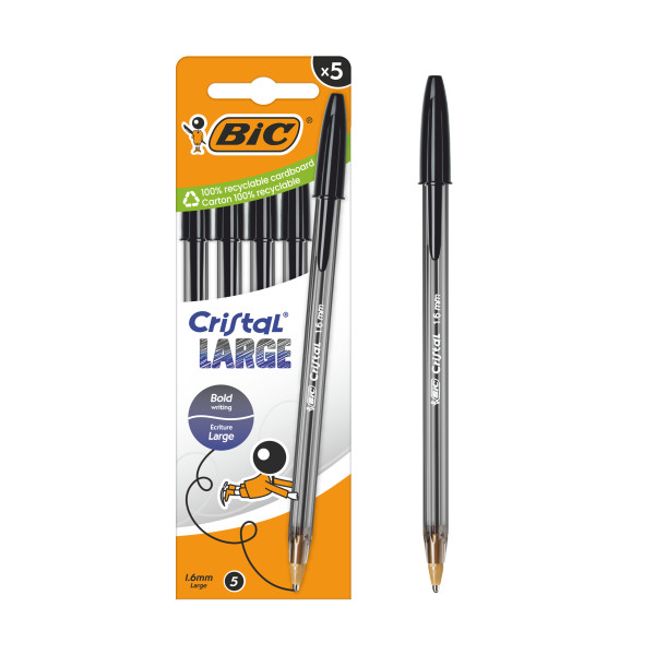 bic cristal large pack de 5 boligrafos de bola punta redonda de 1.6mm trazo 0.6mm tinta con base de aceite color negro