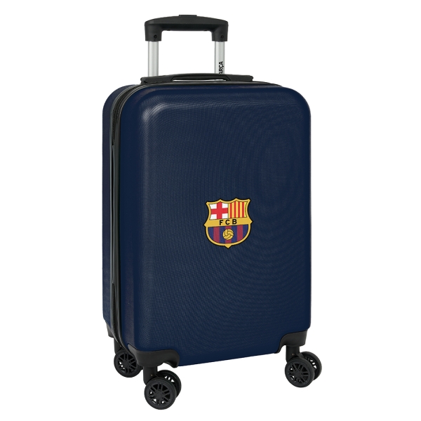 safta f.c. barcelona maleta con ruedas 20" asa telescopica 4 ruedas giratorias cierre con candado 34.5x55x20cm color azul marino