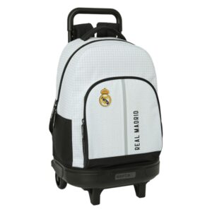 safta real madrid 1ª equipacion 24/25 mochila con carro integrado extraible para facilitar su limpieza base reforzada asa extraible 33x45x22cm color blanco/negro