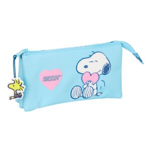 safta snoopy love estuche portatodo 3 compartimentos 22x12x3cm color azul claro