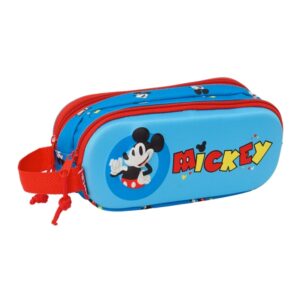safta mickey mouse estuche portatodo 3d 2 compartimentos asa de mano 21x8x6cm color rojo y azul