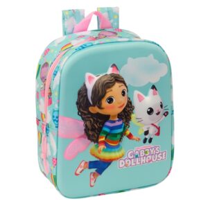 safta gabby's dollhouse mochila guarderia 3d asa de mano compartimento principal con cremallera 22x27x10cm color azul claro