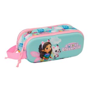 safta gabby's dollhouse estuche portatodo 3d 2 compartimentos asa de mano 21x8x6cm color azul claro