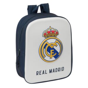 safta real madrid mochila guarderia 3d asa de mano compartimento principal con cremallera 22x27x10cm color blanco/negro