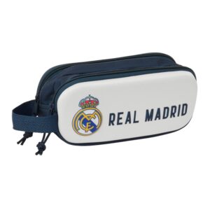 safta real madrid estuche portatodo 3d 2 compartimentos asa de mano 21x8x6cm color blanco/negro