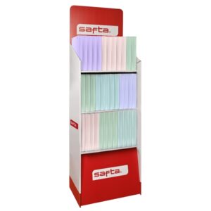 safta expositor con 36 carpetas de anillas material reciclado incluye 100 hojas hojas de 90g/m2 separadores solapa para documentos 3 estantes 400x380x1900mm colores surtidos