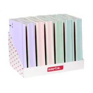 safta expositor con 12 carpetas de 4 anillas 35mm recambio 100 hojas cierre elastico ranura para boligrafo separadores internos colores surtidos