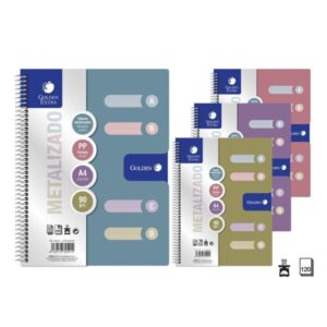 golden pack de 6 cuadernos a4 120 hojas 90gr cuadricula 5x5 4 separadores tapa polipropileno colores metalizados surtidos