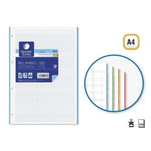 golden extra recambio de 100 hojas 90gr cuadricula 5x5 formato a4 4 taladros y bandas de color