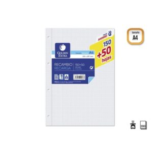 golden extra recambio de 200 hojas 90gr cuadricula 4x4 formato a4 4 taladros