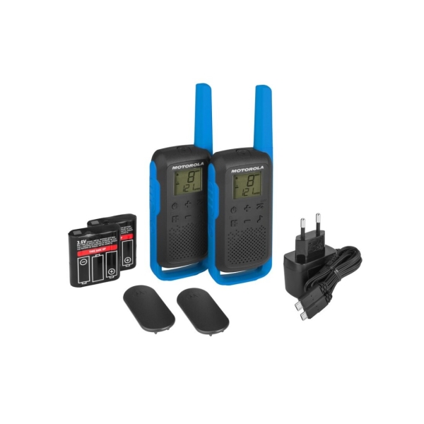 motorola t62 pack 2 walkie talkies 16 canales pmr446 + 121 codigos de privacidad alcance hasta 8km autonomia hasta 29h color azul