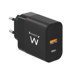 ewent ew1327 cargador gan universal de pared 45w ultrarapido 1x usb c pd 3.0 & pps, 1x usb a qc 2.0 color negro