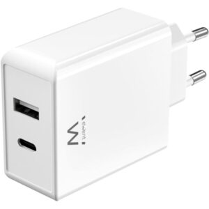 ewent ew1328 cargador gan universal de pared 45w ultrarapido 1x usb c pd & pps, 1x usb a qc color blanco