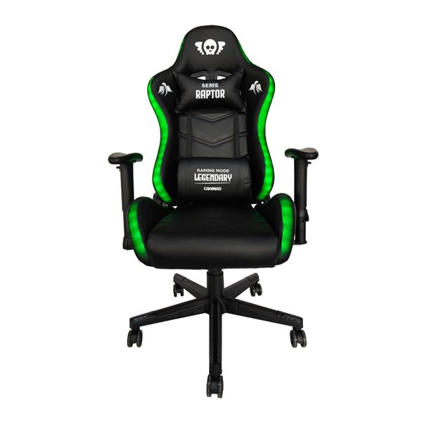 cromad serie raptor legendary silla gaming altura regulable con piston de gas clase 2 reclinable hasta 180º cojines lumbar y cervical ruedas de nailon de 60mm iluminación rgb color negro