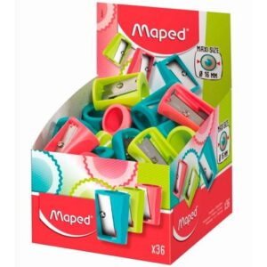 maped vivo maxi sacapuntas de plastico con 1 orificio de 16mm cuchilla de acero afilada y resistente colores surtidos