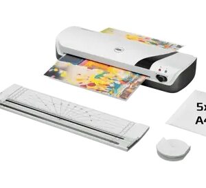 gbc inspire+ a4 set de plastificadora + recortadora de esquinas + cizalla + paquete de 5 bolsas de plastificacion a4 hasta tamaño a4 velocidad 250mm/min calentamiento en 4 minutos ajuste adicional frio grueso bolsa 75 y 125mic color blanco