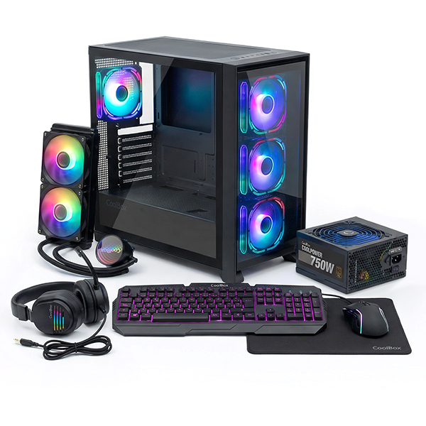 coolbox coo pack gmng pack gaming caja ge2000 + refrigeración liquida infinite liquid240 argb + fuente coolpower 750w + kit gaming xwing 2ares jack 3.5mm + alfombrilla iluminacion led en 3 colores color negro