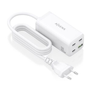 aisens cargador gan 100w 3xusb c pd3.0, qc4.0, qc5.0 1xusb a qc3.0 cable 1.4 metros color blanco