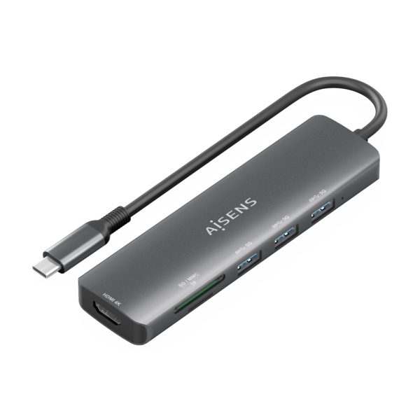 aisens usb c dock 6 en 1 usb c a 1xhdmi 3xusb a 1xsd 1xmicrosd 15cm color gris