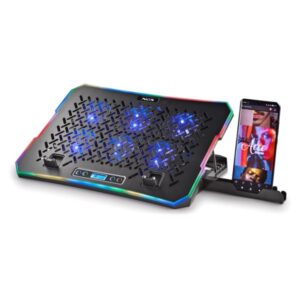 ngs herostand base de refrigeracion para portatil hasta 15.6" 6 ventiladores con led azul pantalla lcd con botones de control bordes rgb soporte para smarphone altura regulable dos puertos usb color negro
