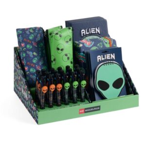 miquel rius alien expositor multiproducto con 38 piezas surtidas de cuadernos, portatodos rectangulares, triangulares y boligrafos de 8 colores