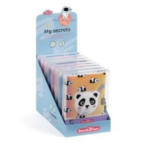 miquel rius back2fun expositor con 9 diarios secretos holograficos 3 de cada modelo unicornio, astronauta y panda cierre con candado lapiz incluido