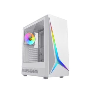 coolbox ga450 starlight caja torre atx, micro atx, mini itx lateral cristal templado tamaño hdd 2.5", 3.5" usb a 3.0, usb c y audio ventilador trasero argb 120mm soporta refrigeracion liquida color blanco