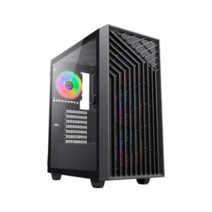 coolbox ga300 gridline caja torre atx, micro atx, mini itx lateral cristal templado tamaño hdd 2.5", 3.5" usb a 3.0, usb c y audio 3 ventiladores argb 120mm soporta refrigeracion liquida color negro