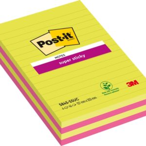 post it super sticky pack de 4 blocs de 45 notas grandes adhesivas reposicionables con lineas 100% pefc colores surtidos