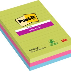 post it super sticky pack de 3 blocs de 90 notas grandes adhesivas reposicionables con lineas 100% pefc colores surtidos
