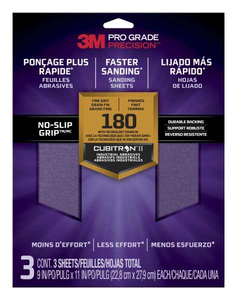 3m pro grade precision pack de 3 hojas de lijado grano 180 fino 22.8x27.9cm rendimiento superior reduccion de fatiga color lavanda