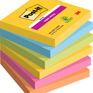 post it super sticky pack de 6 blocs de 90 notas adhesivas reposicionables forma cuadrada 76x76mm colores surtidos