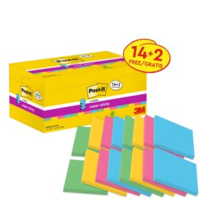 post it super sticky pack de 16 blocs de 90 notas adhesivas reposicionables forma cuadrada 76x76mm en zig zag colores surtidos