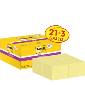 post it super sticky pack de 24 blocs de 90 notas adhesivas reposicionables 47.6x47.6mm promocion 21 blocs + 3 gratis 100% pefc color amarillo claro
