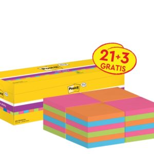 post it super sticky pack de 24 blocs de 90 notas adhesivas reposicionables 76x76mm promocion 21 blocs + 3 gratis colores surtidos
