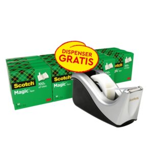 scotch magic pack de 16 cintas adhesivas invisibles 19mm x 33m + dispensador gratis color del dispensador negro/gris