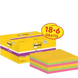 post it super sticky pack de 24 blocs de 90 notas adhesivas reposicionables 47.6x47.6mm promocion 18 blocs + 6 gratis colores surtidos