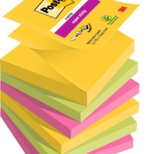 post it super sticky pack de 6 blocs de 90 notas adhesivas reposicionables forma cuadrada 76x76mm en zig zag colores surtidos