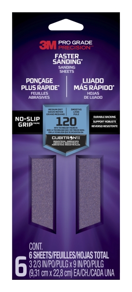 3m pro grade precision faster pack de 6 hojas de lijado grano 120 mediano 9.31x22.8cm rendimiento superior reduccion de fatiga color morado